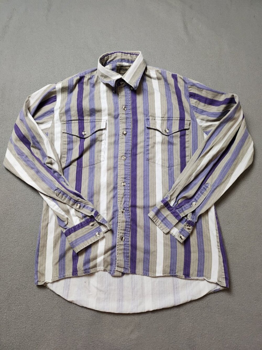 Roper Western Pearl Snap Shirt Purple Grey White Stripe Herringbone Men's M